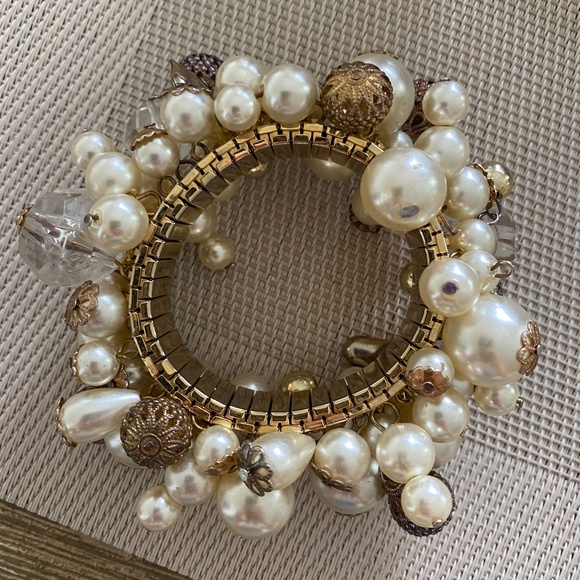 Jewelry - Beaded Bracelet - faux pearl gold tone watch band expandable for all siz…